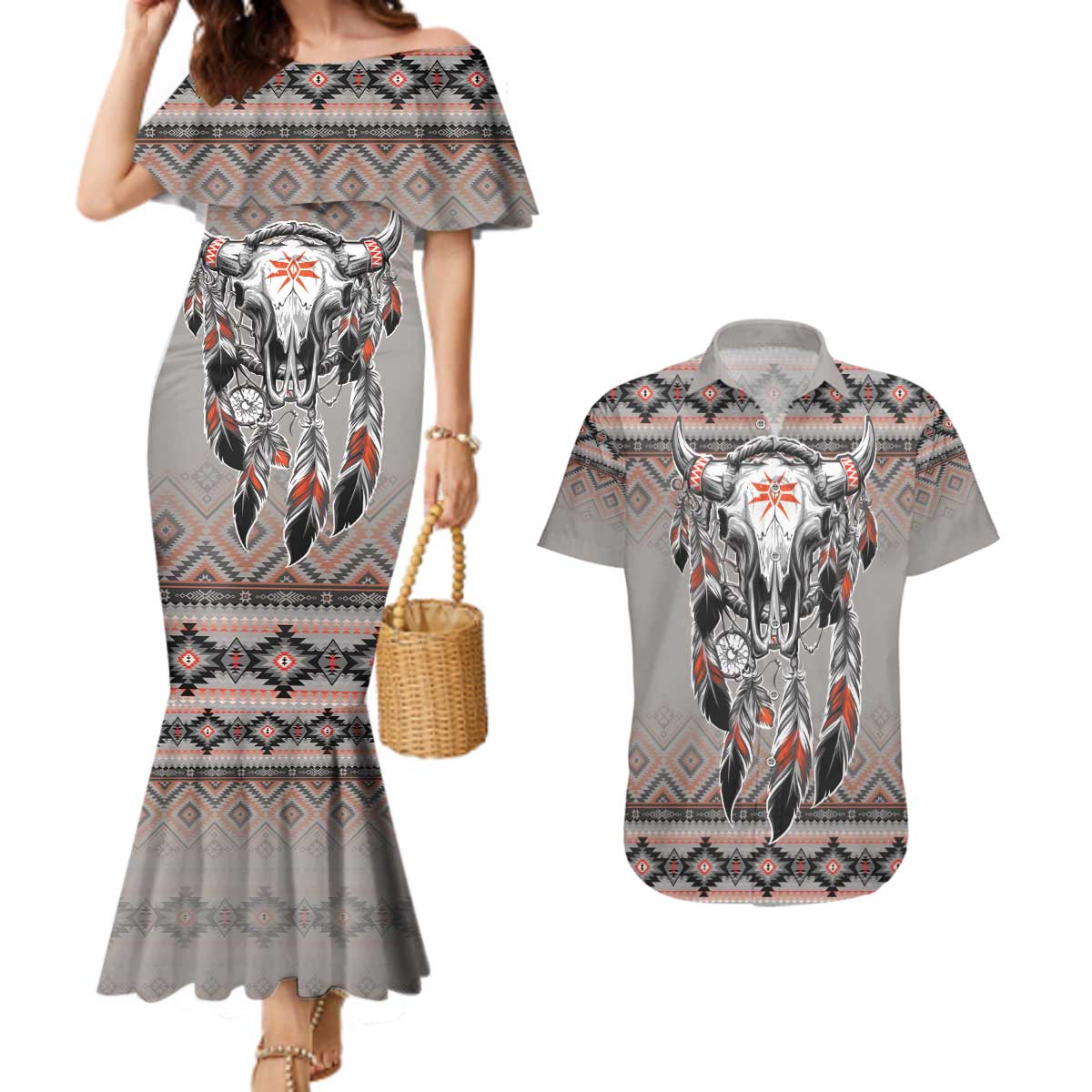 Native American Buffalo Skull Couples Matching Mermaid Dress and Hawaiian Shirt with Dream Catchers Feathers