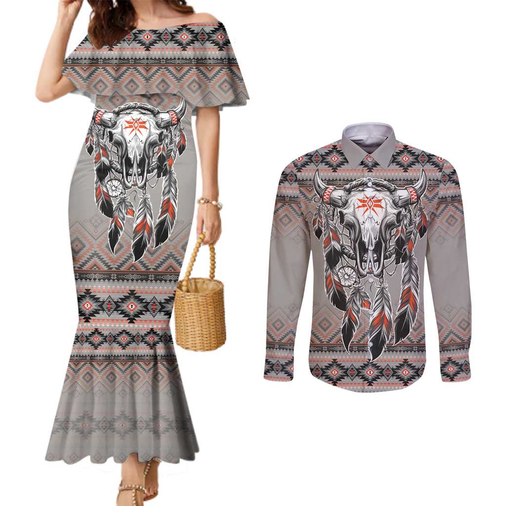 Native American Buffalo Skull Couples Matching Mermaid Dress and Long Sleeve Button Shirt with Dream Catchers Feathers