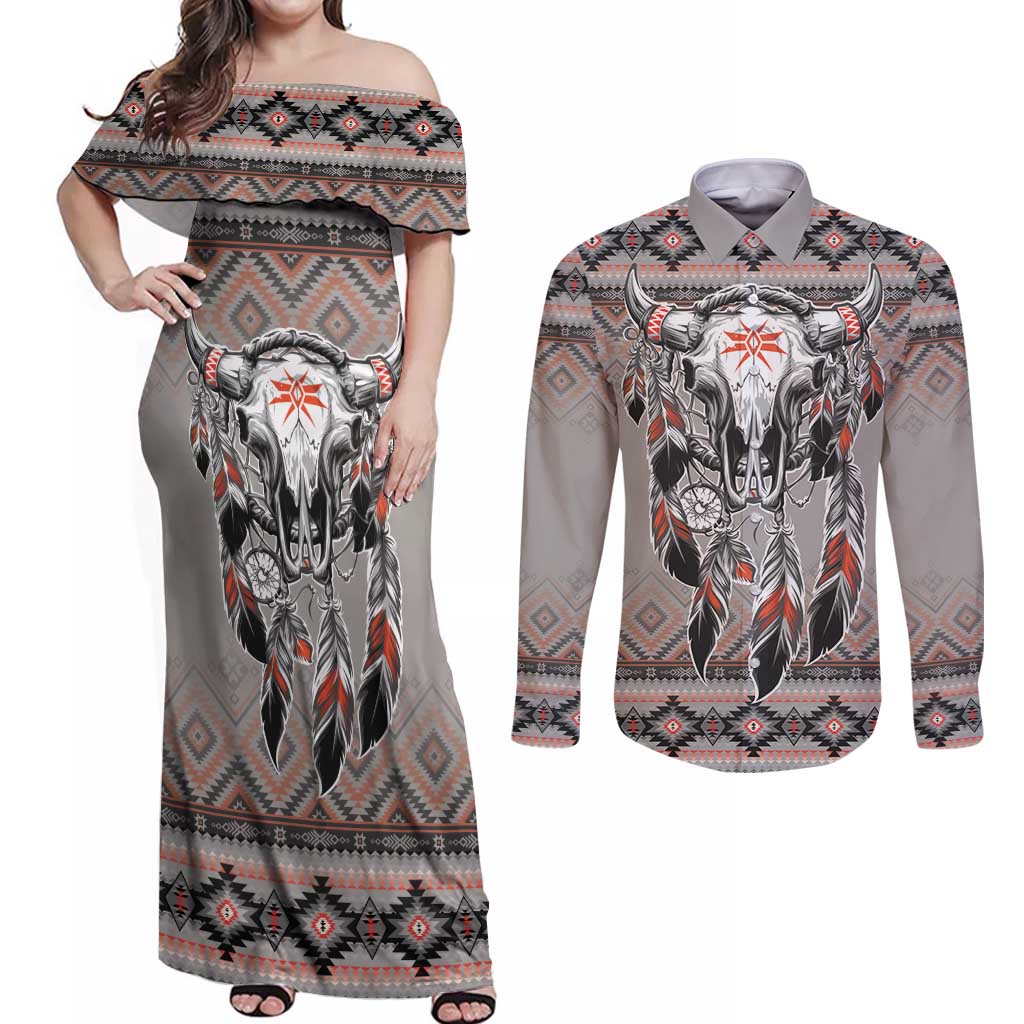 Native American Buffalo Skull Couples Matching Off Shoulder Maxi Dress and Long Sleeve Button Shirt with Dream Catchers Feathers