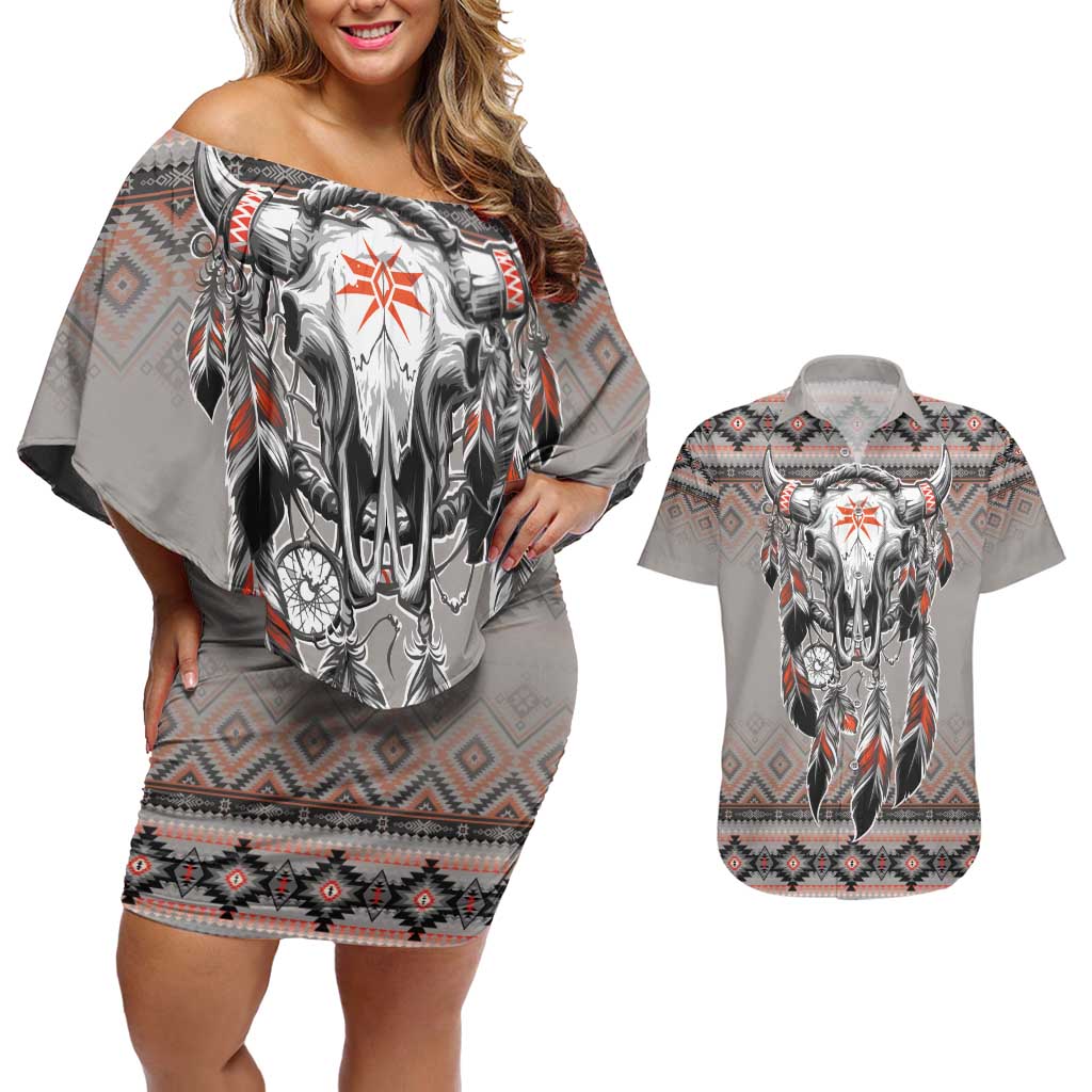 Native American Buffalo Skull Couples Matching Off Shoulder Short Dress and Hawaiian Shirt with Dream Catchers Feathers