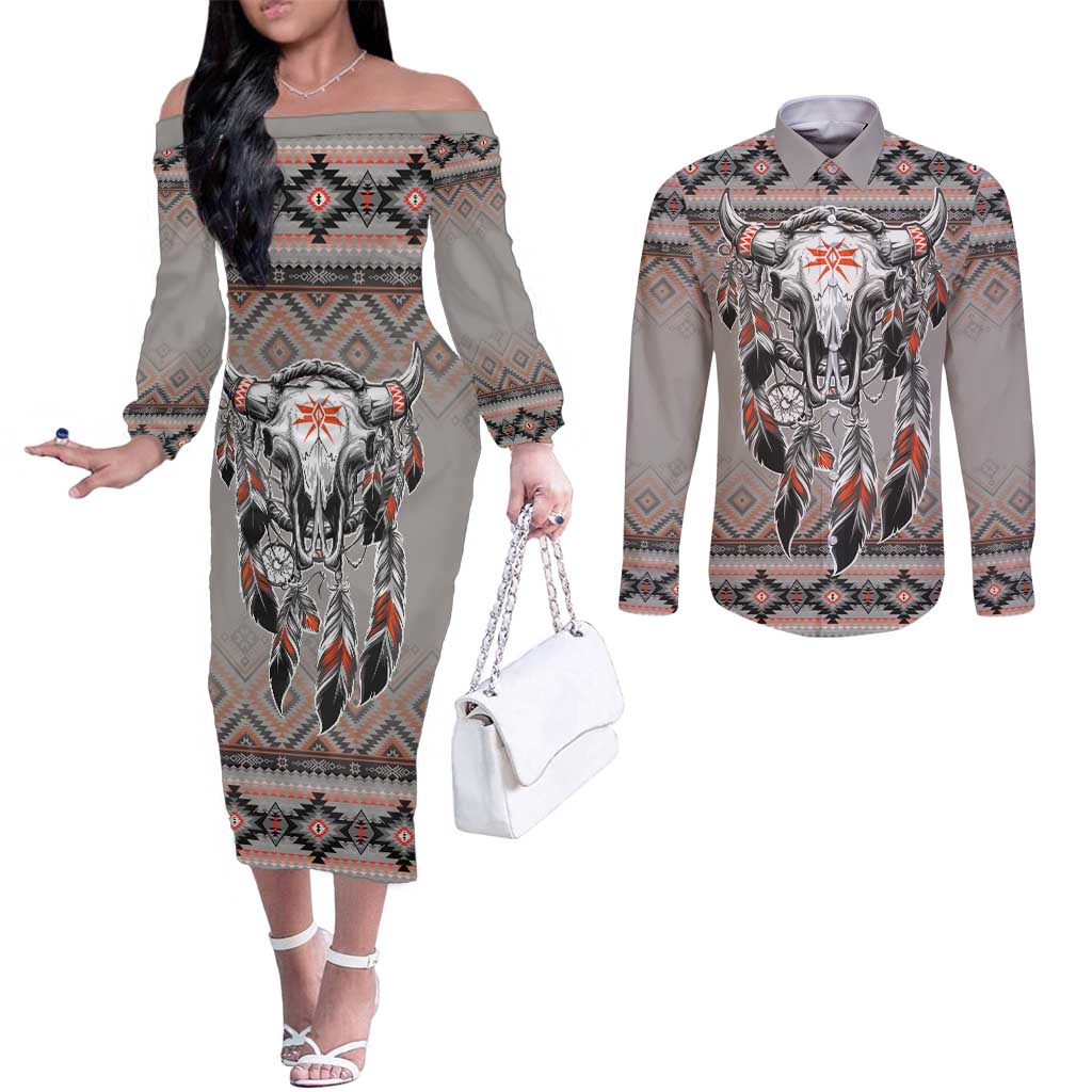 Native American Buffalo Skull Couples Matching Off The Shoulder Long Sleeve Dress and Long Sleeve Button Shirt with Dream Catchers Feathers