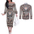 Native American Buffalo Skull Couples Matching Off The Shoulder Long Sleeve Dress and Long Sleeve Button Shirt with Dream Catchers Feathers