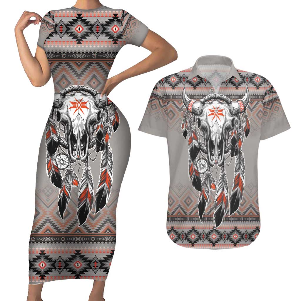 Native American Buffalo Skull Couples Matching Short Sleeve Bodycon Dress and Hawaiian Shirt with Dream Catchers Feathers