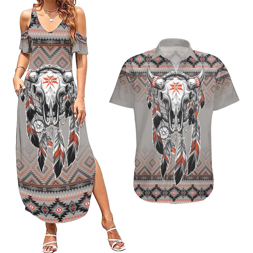 Native American Buffalo Skull Couples Matching Summer Maxi Dress and Hawaiian Shirt with Dream Catchers Feathers