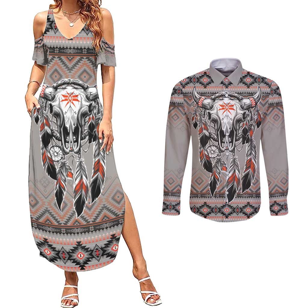 Native American Buffalo Skull Couples Matching Summer Maxi Dress and Long Sleeve Button Shirt with Dream Catchers Feathers