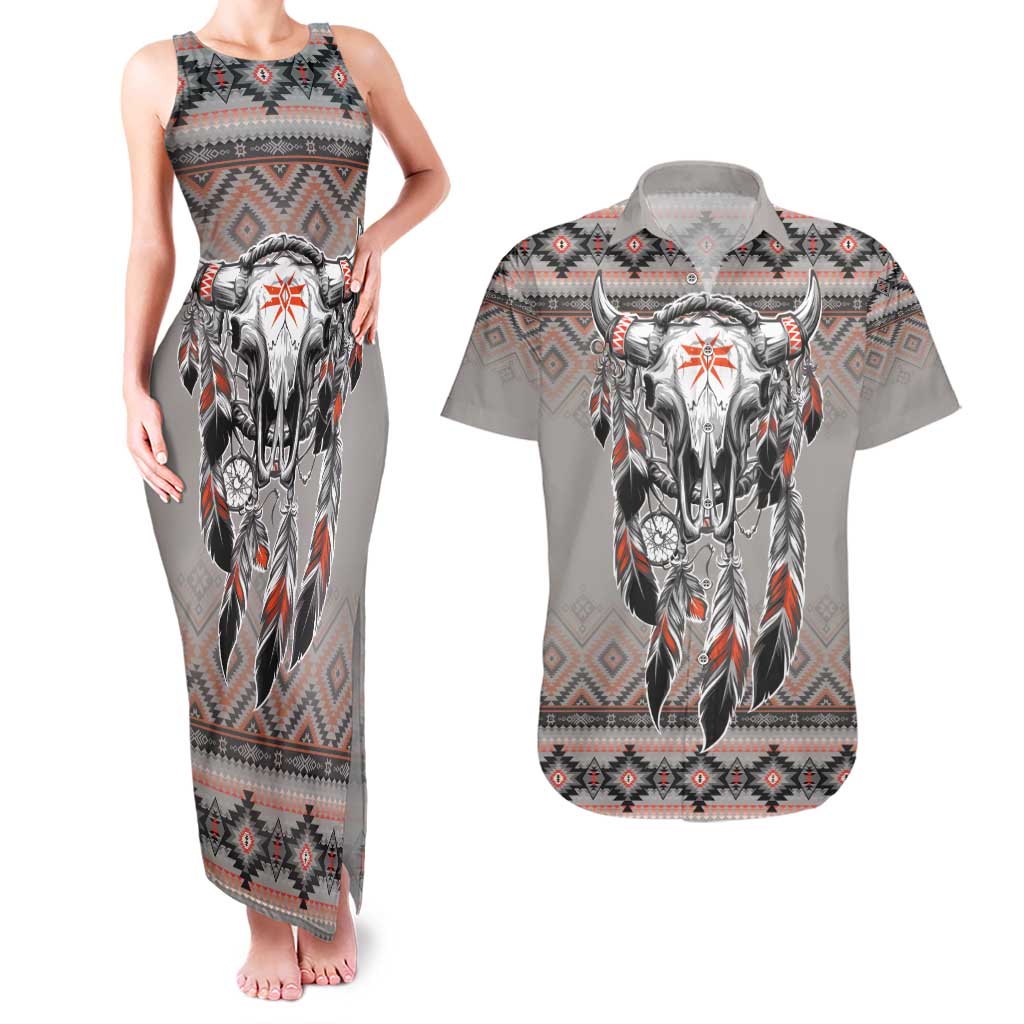 Native American Buffalo Skull Couples Matching Tank Maxi Dress and Hawaiian Shirt with Dream Catchers Feathers