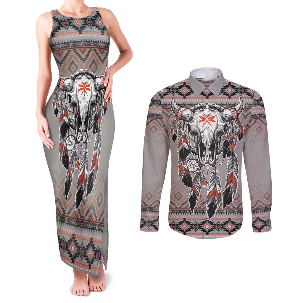 Native American Buffalo Skull Couples Matching Tank Maxi Dress and Long Sleeve Button Shirt with Dream Catchers Feathers