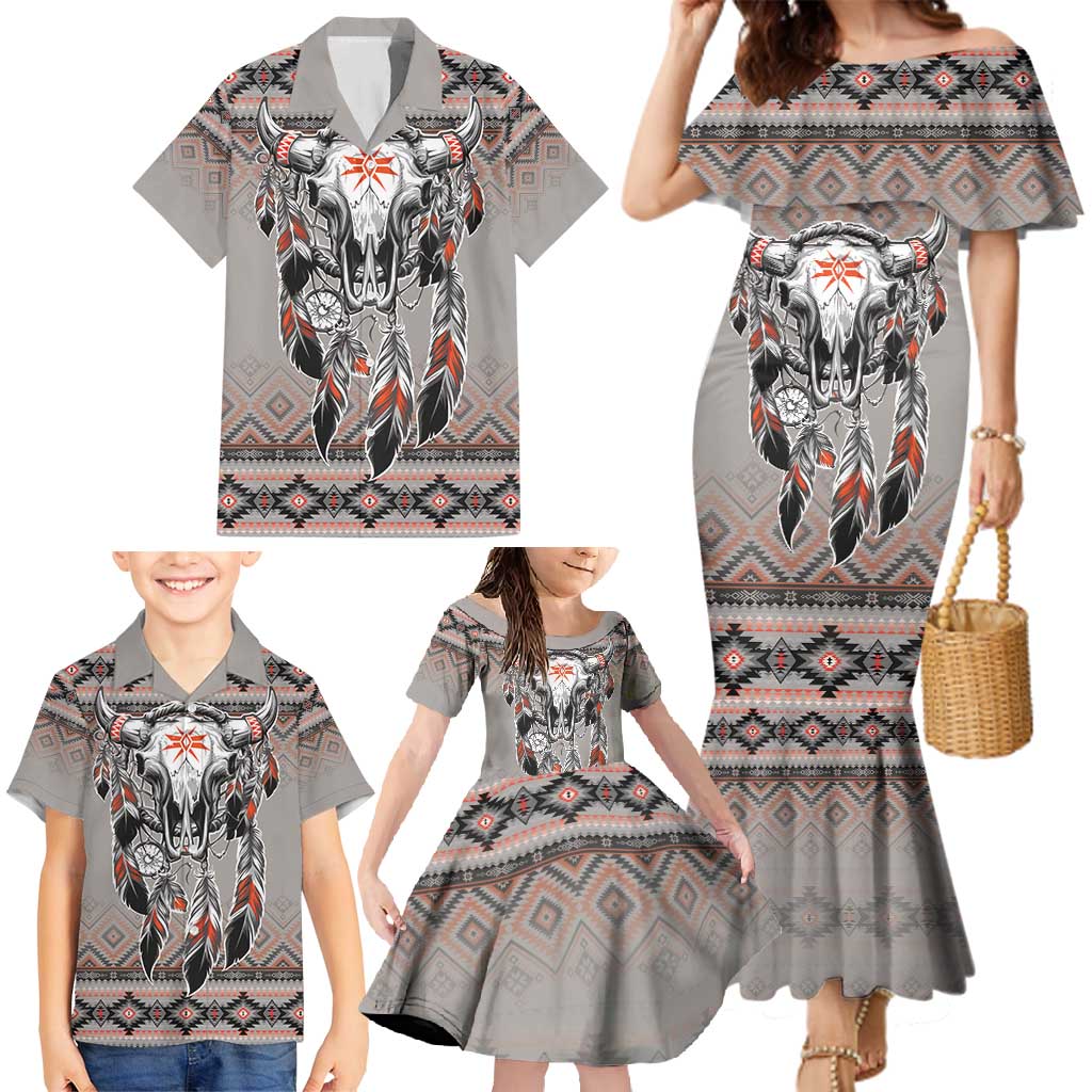 Native American Buffalo Skull Family Matching Mermaid Dress and Hawaiian Shirt with Dream Catchers Feathers