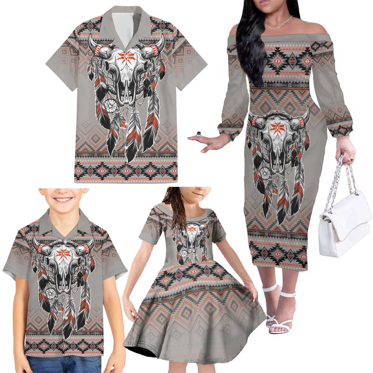 Native American Buffalo Skull Family Matching Off The Shoulder Long Sleeve Dress and Hawaiian Shirt with Dream Catchers Feathers