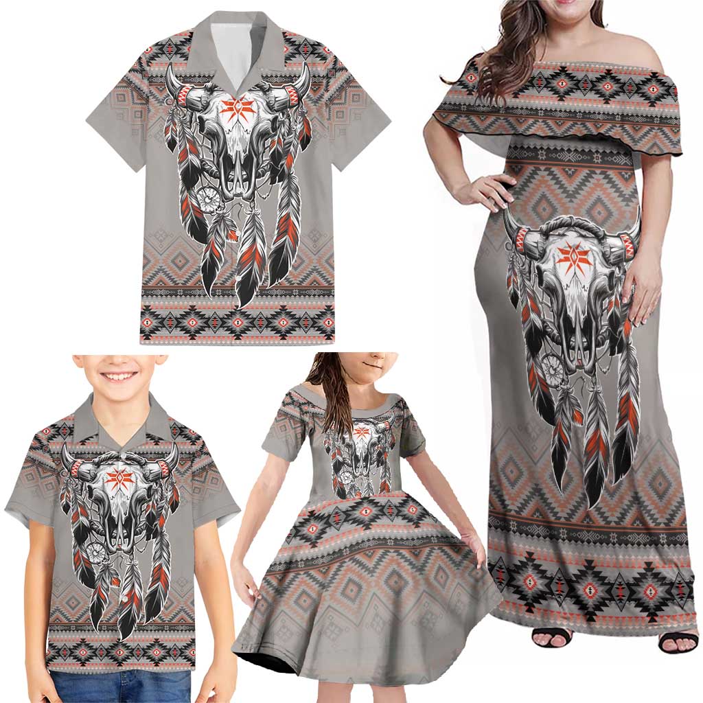 Native American Buffalo Skull Family Matching Off Shoulder Maxi Dress and Hawaiian Shirt with Dream Catchers Feathers