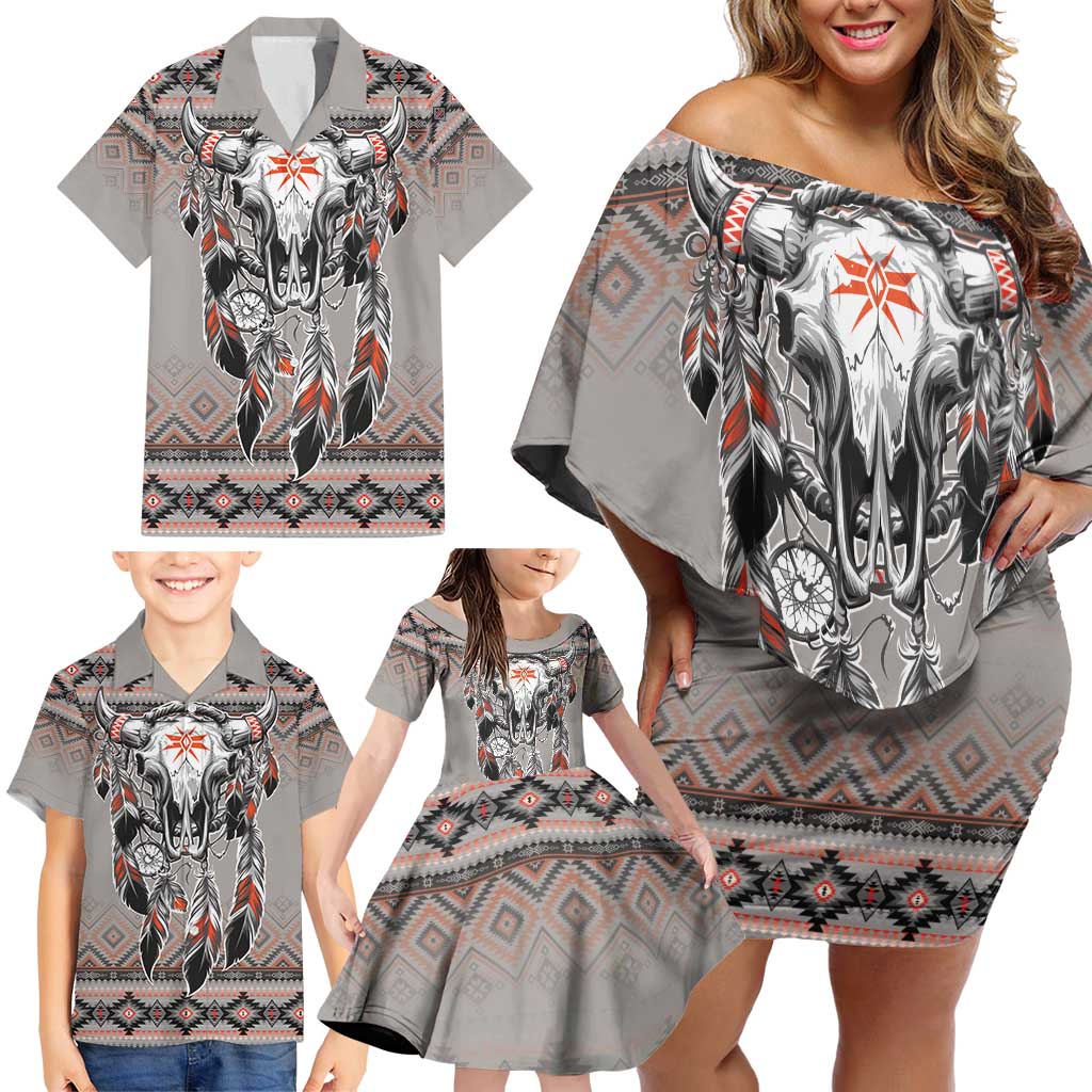 Native American Buffalo Skull Family Matching Off Shoulder Short Dress and Hawaiian Shirt with Dream Catchers Feathers