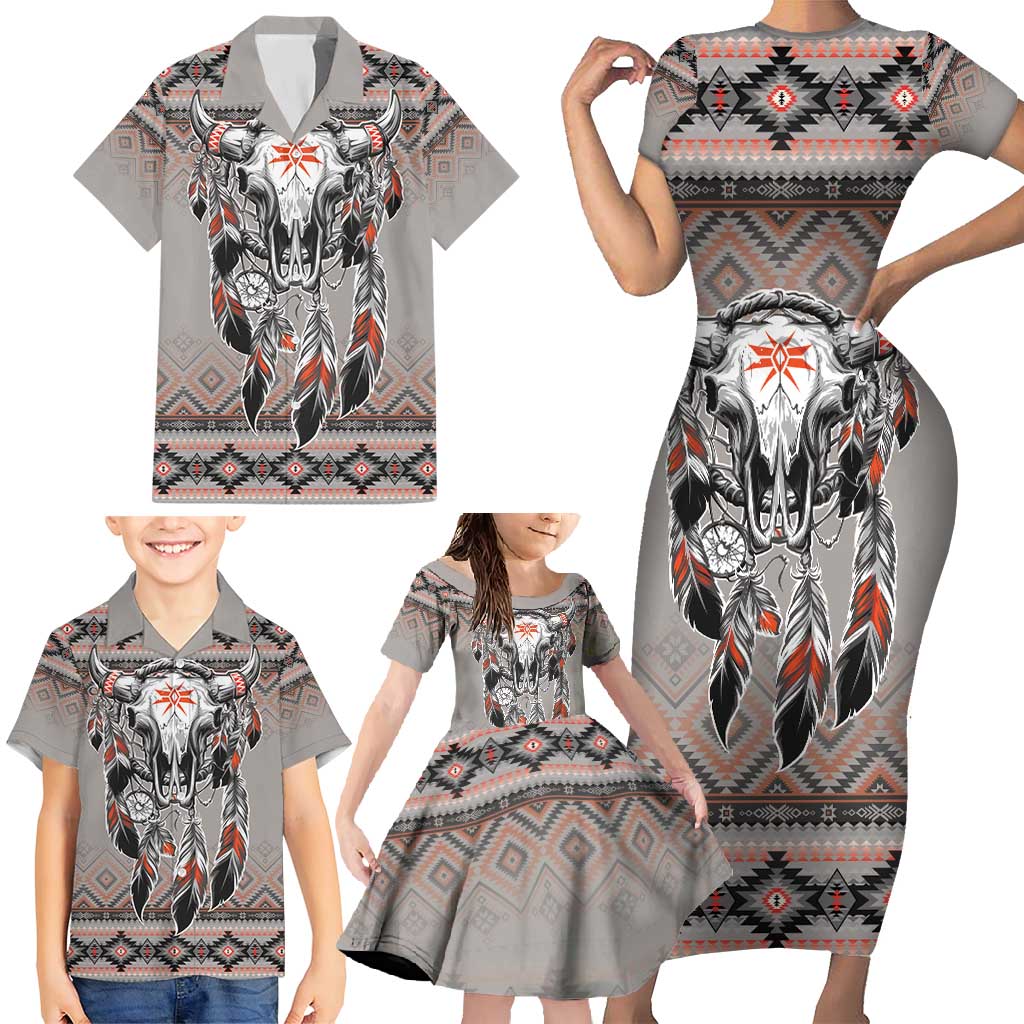 Native American Buffalo Skull Family Matching Short Sleeve Bodycon Dress and Hawaiian Shirt with Dream Catchers Feathers