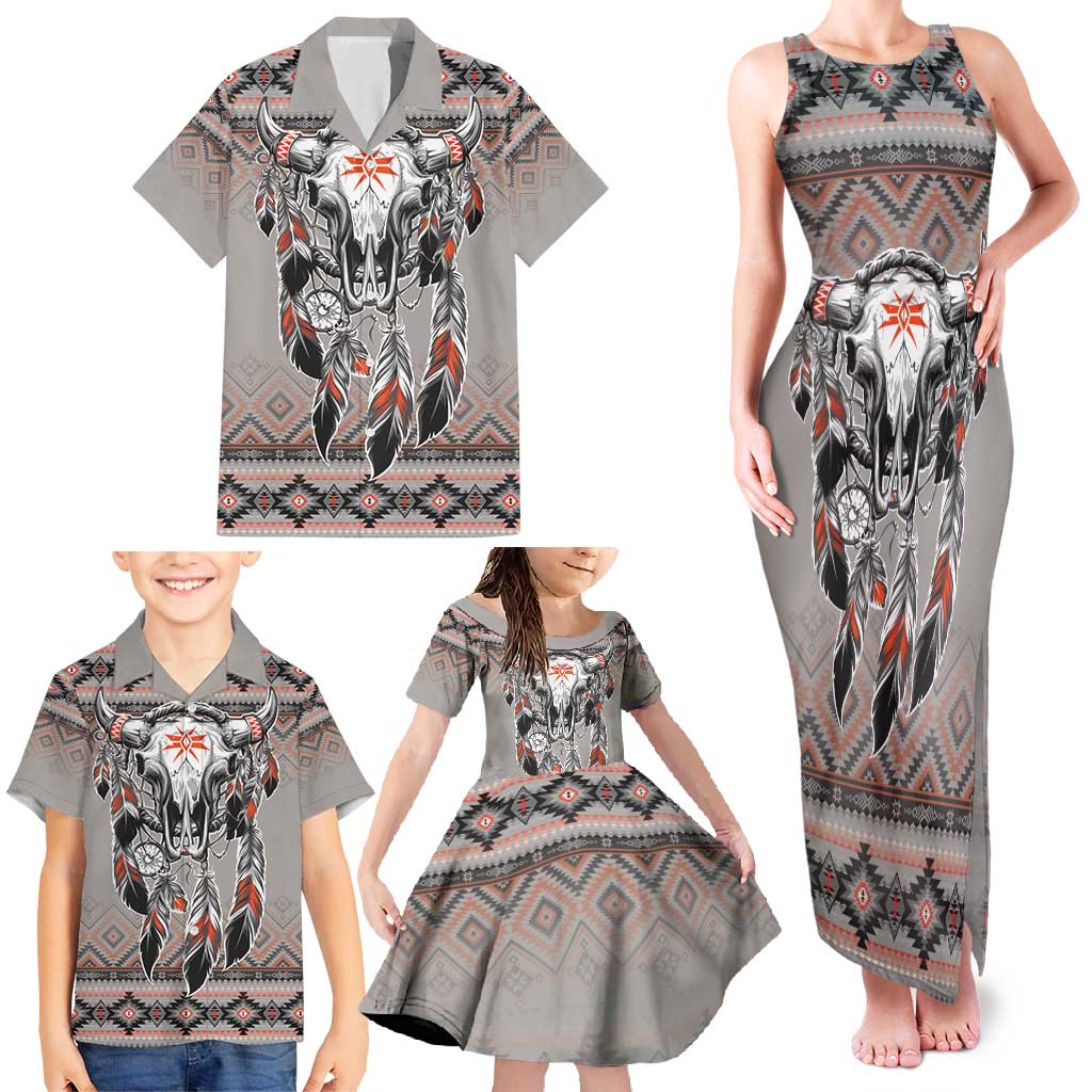 Native American Buffalo Skull Family Matching Tank Maxi Dress and Hawaiian Shirt with Dream Catchers Feathers