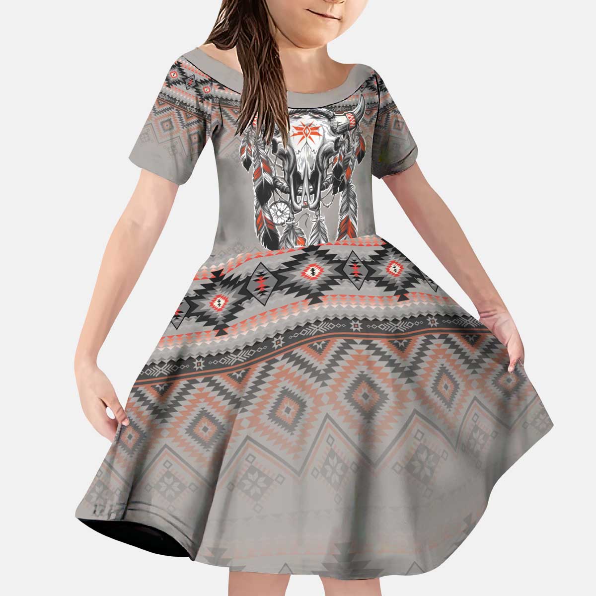 Native American Buffalo Skull Kid Short Sleeve Dress with Dream Catchers Feathers