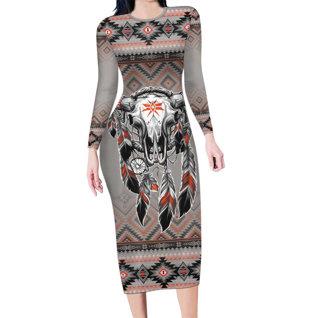 Native American Buffalo Skull Long Sleeve Bodycon Dress with Dream Catchers Feathers