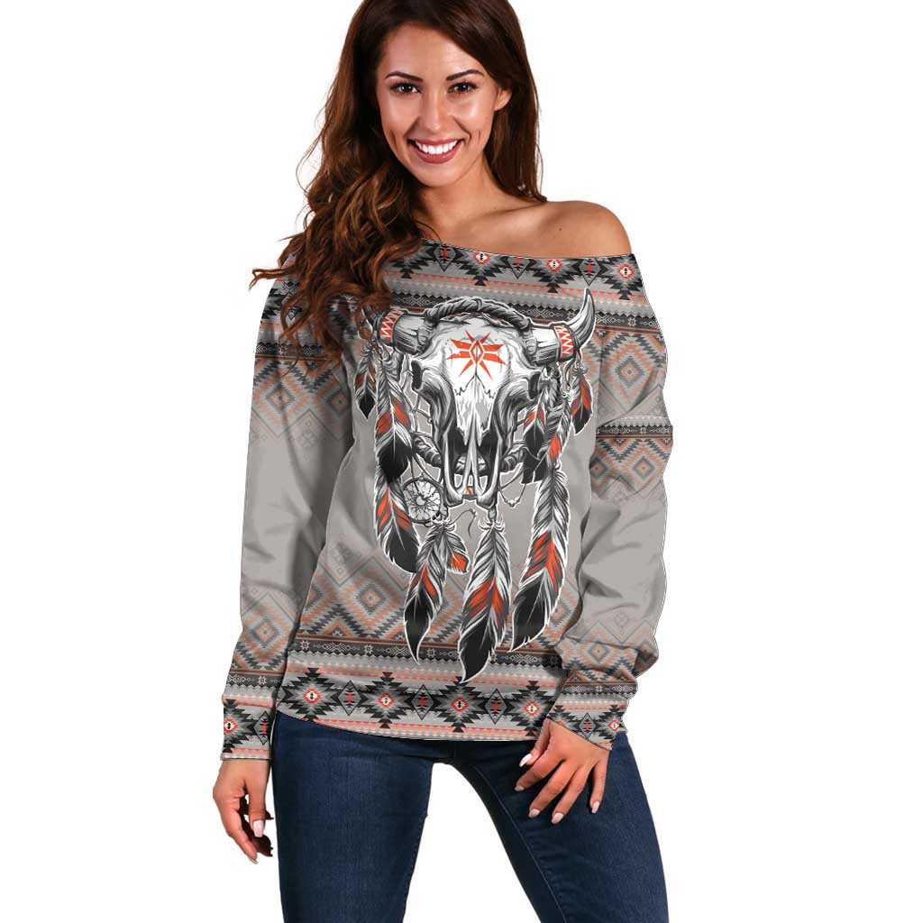 Native American Buffalo Skull Off Shoulder Sweater with Dream Catchers Feathers