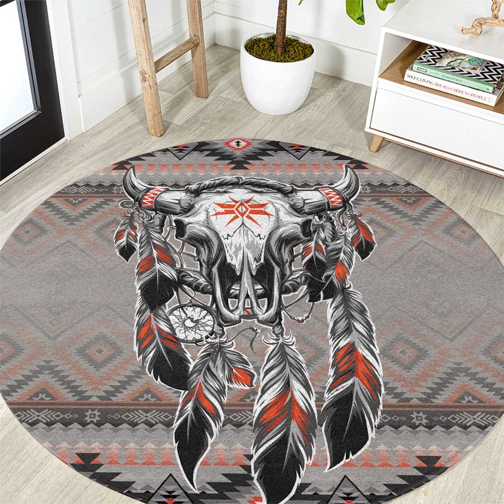 Native American Buffalo Skull Round Carpet with Dream Catchers Feathers