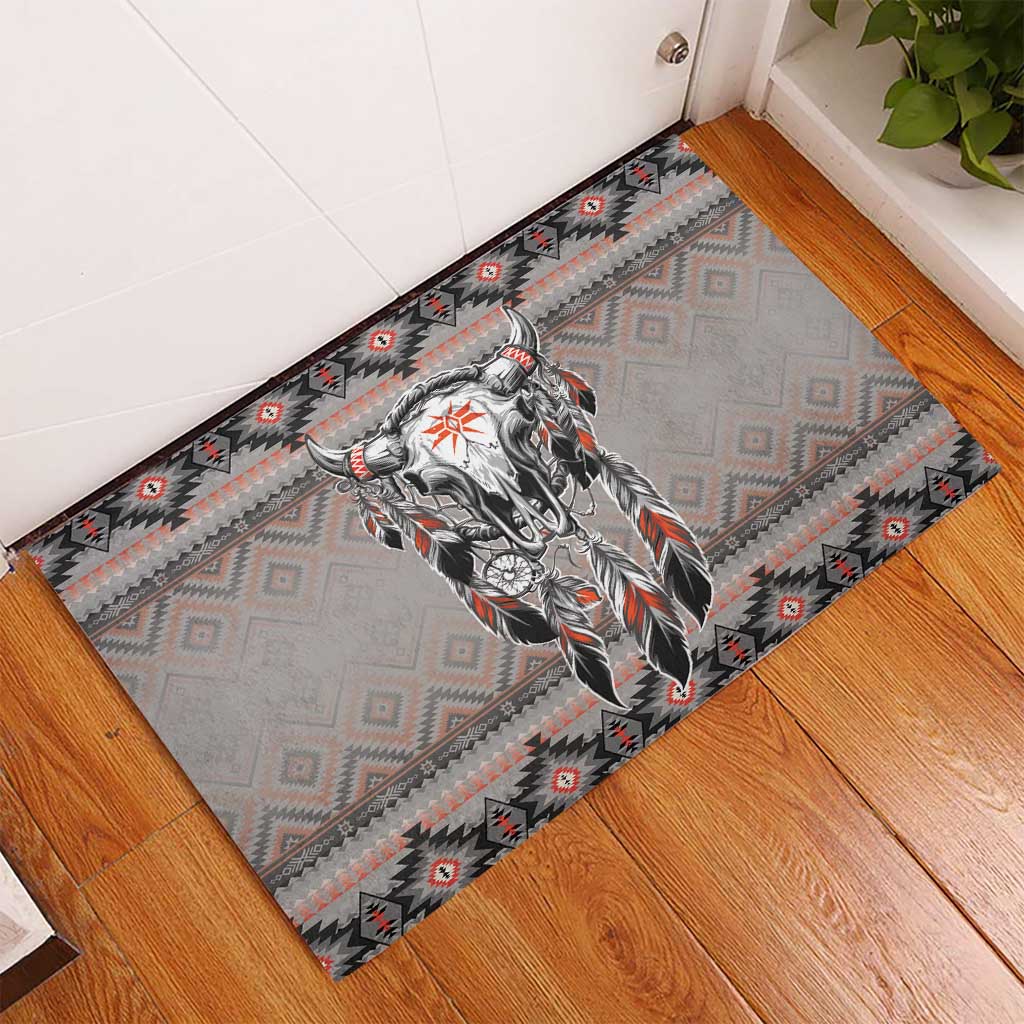 Feather buffalo skull rubber doormat, geometric tribal border and gray field