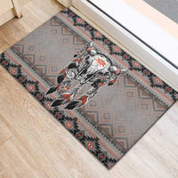 Feather buffalo skull rubber doormat with gray geometric pattern and red accents