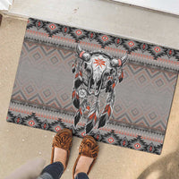 Feather buffalo skull rubber doormat with tribal diamond pattern and red detail