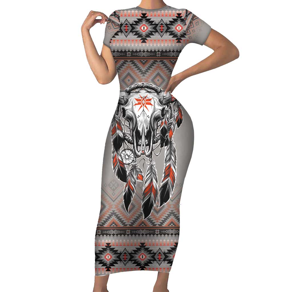 Native American Buffalo Skull Short Sleeve Bodycon Dress with Dream Catchers Feathers