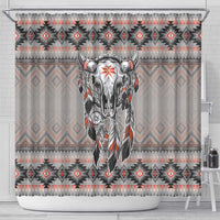 Buffalo skull shower curtain with feather motifs and tribal pattern, gray and orange