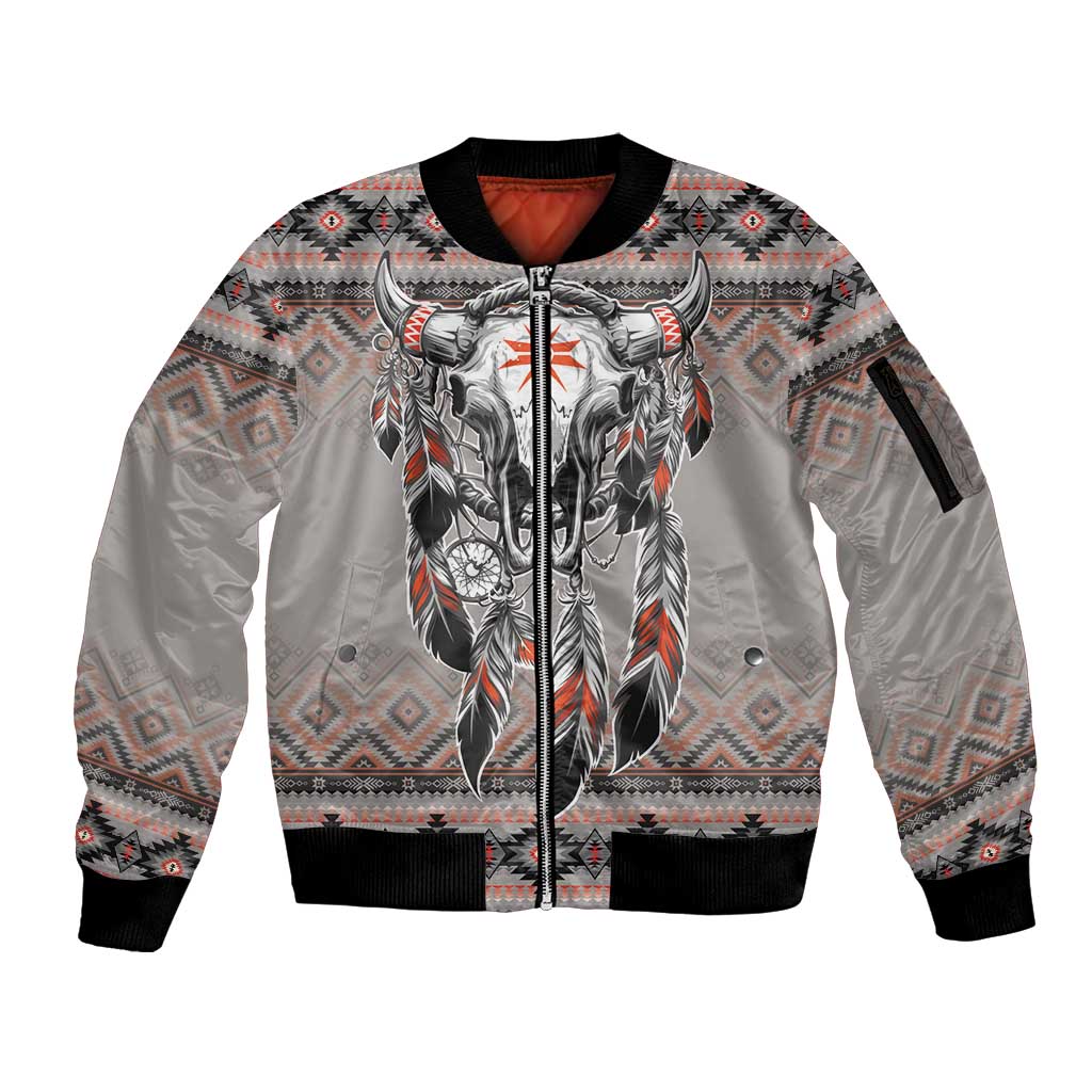 Native American Buffalo Skull Sleeve Zip Bomber Jacket with Dream Catchers Feathers