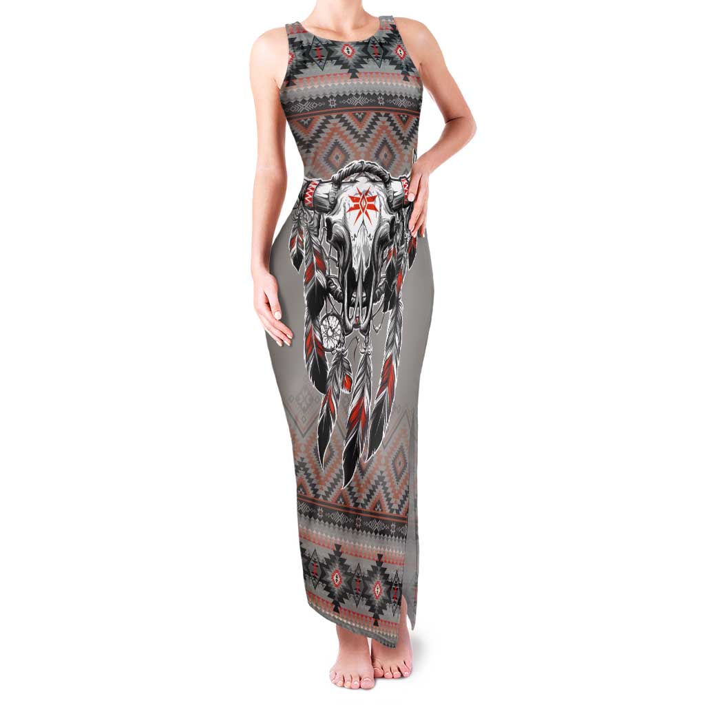 Native American Buffalo Skull Tank Maxi Dress with Dream Catchers Feathers