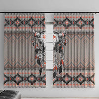 Window curtain panels with buffalo skull, dreamcatcher and feather print in gray and black
