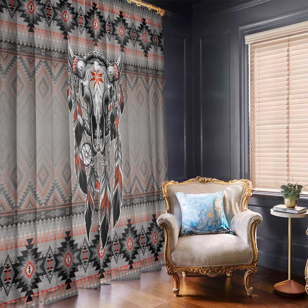 Gray window curtain with large buffalo skull, dreamcatcher and feather print