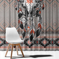 Gray window curtain with buffalo skull graphic and tribal banded pattern with red accents