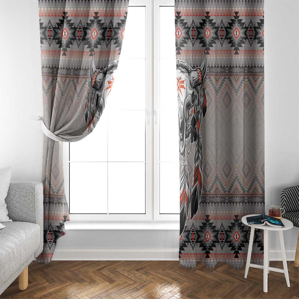 Gray window curtains with buffalo skull artwork and tribal geometric border