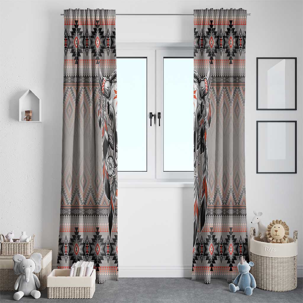 Gray window curtain set with buffalo skull, dreamcatcher and red tribal accents