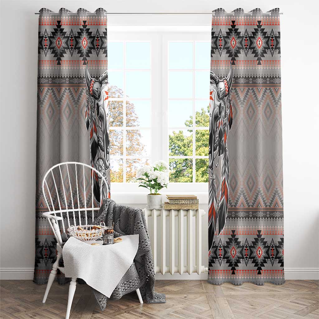 Gray window curtain panels with buffalo skull motifs and aztec-style patterned bands