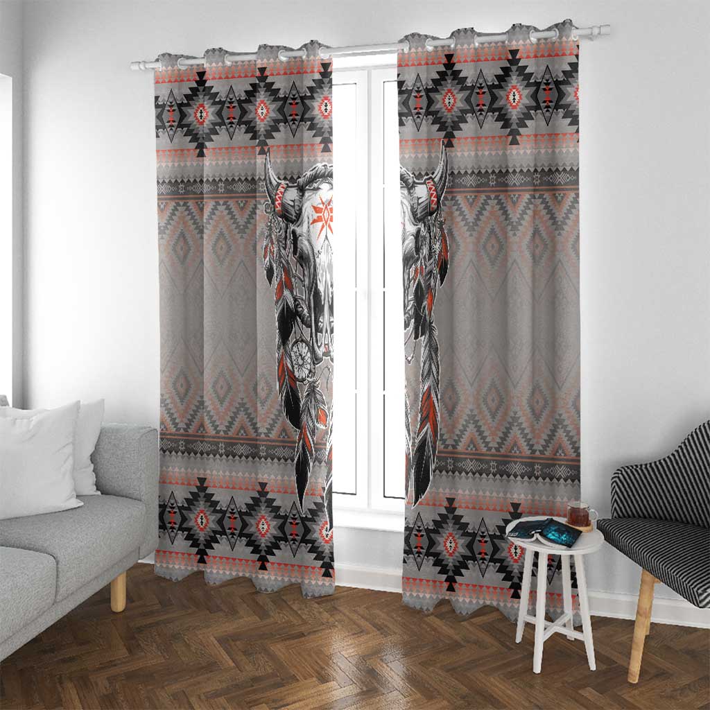 Gray window curtain panels with buffalo skull print and red-and-black tribal stripes