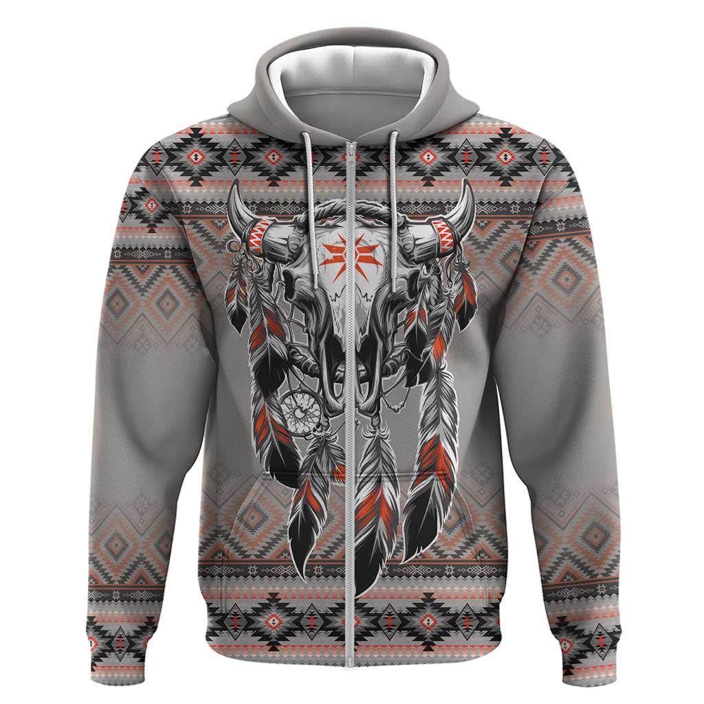 Native American Buffalo Skull Zip Hoodie with Dream Catchers Feathers