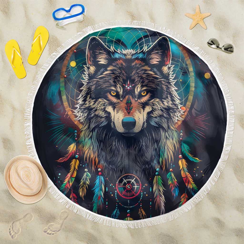 Native American Wolves Beach Blanket with Dream Catchers Feathers