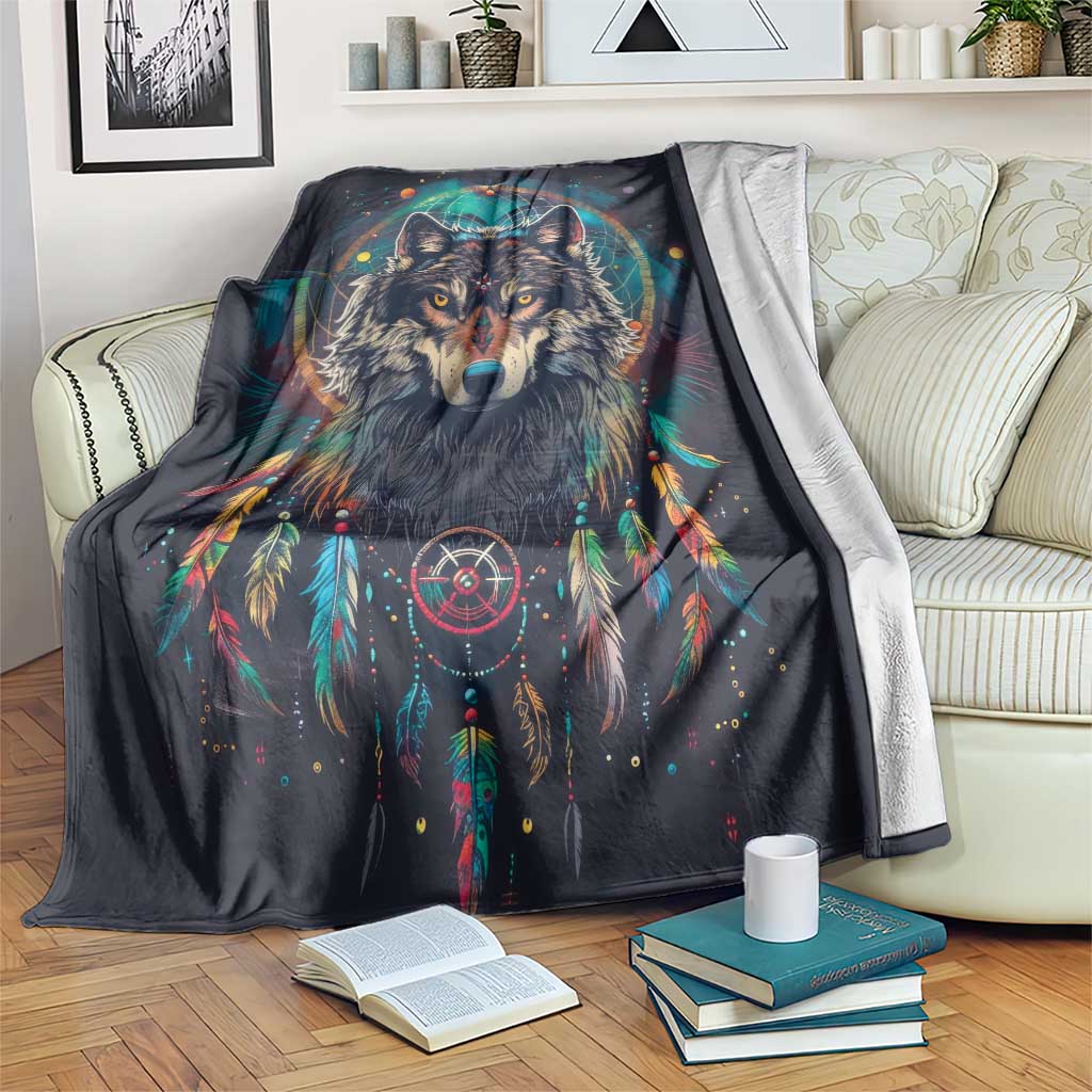 Native American Wolves Blanket with Dream Catchers Feathers