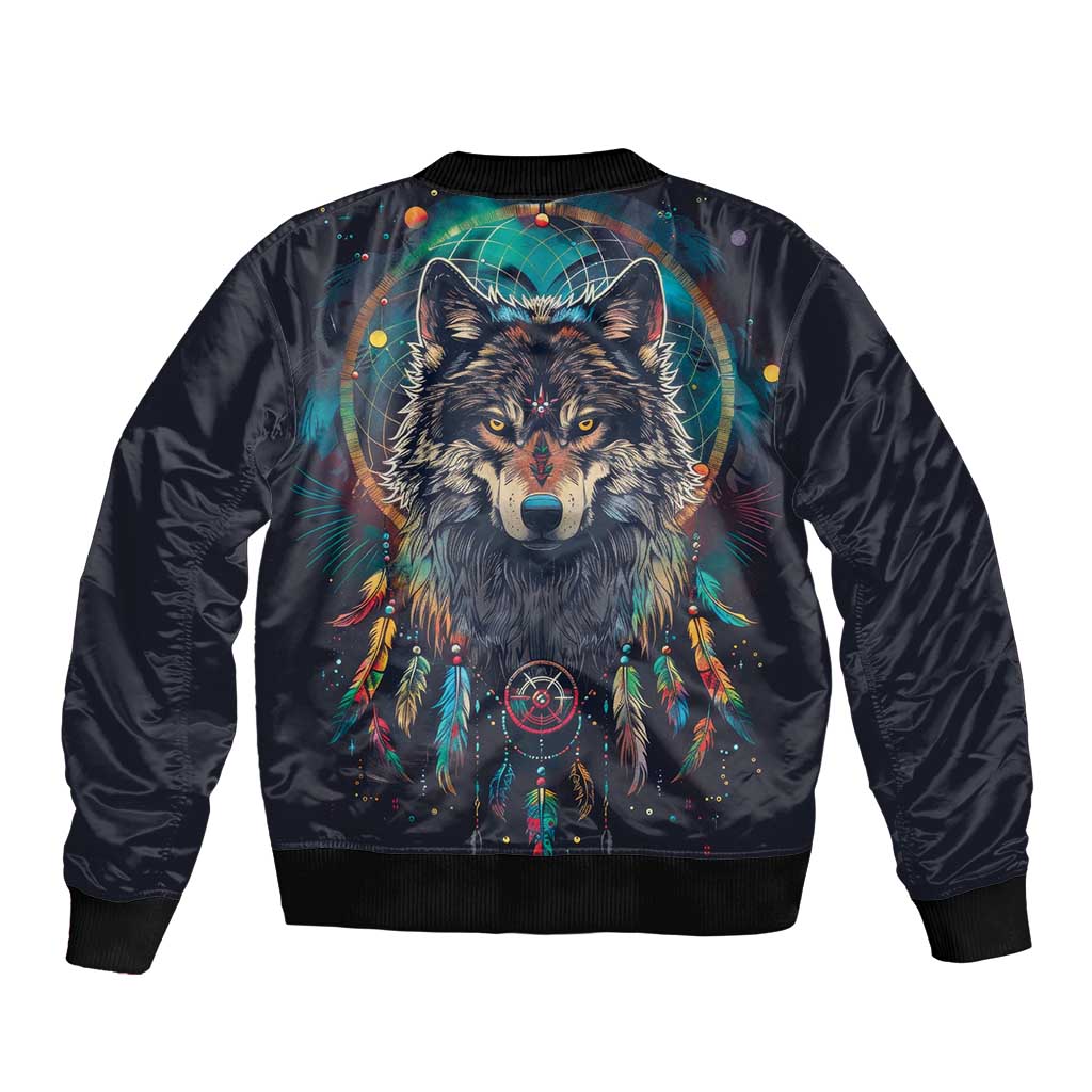 Native American Wolves Bomber Jacket with Dream Catchers Feathers