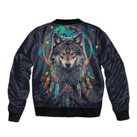 Native American Wolves Bomber Jacket with Dream Catchers Feathers