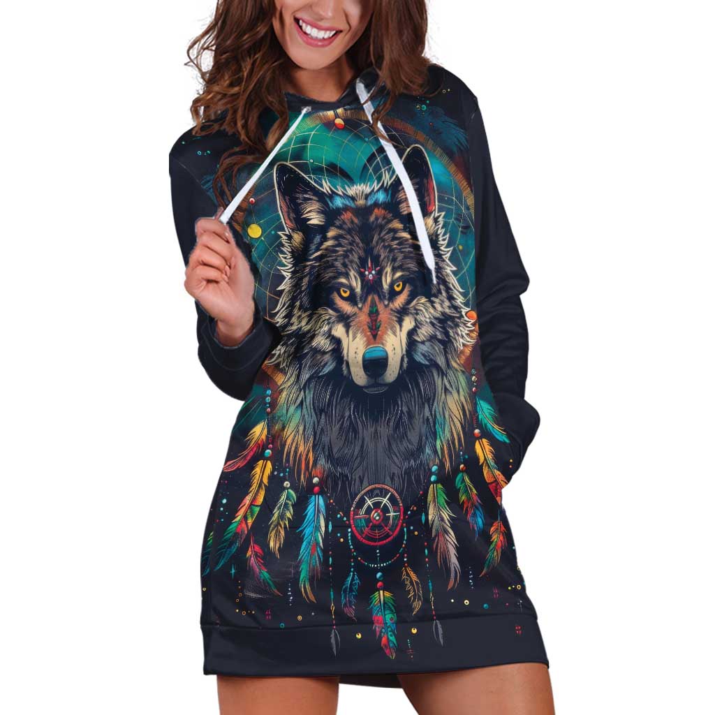 Native American Wolves Hoodie Dress with Dream Catchers Feathers