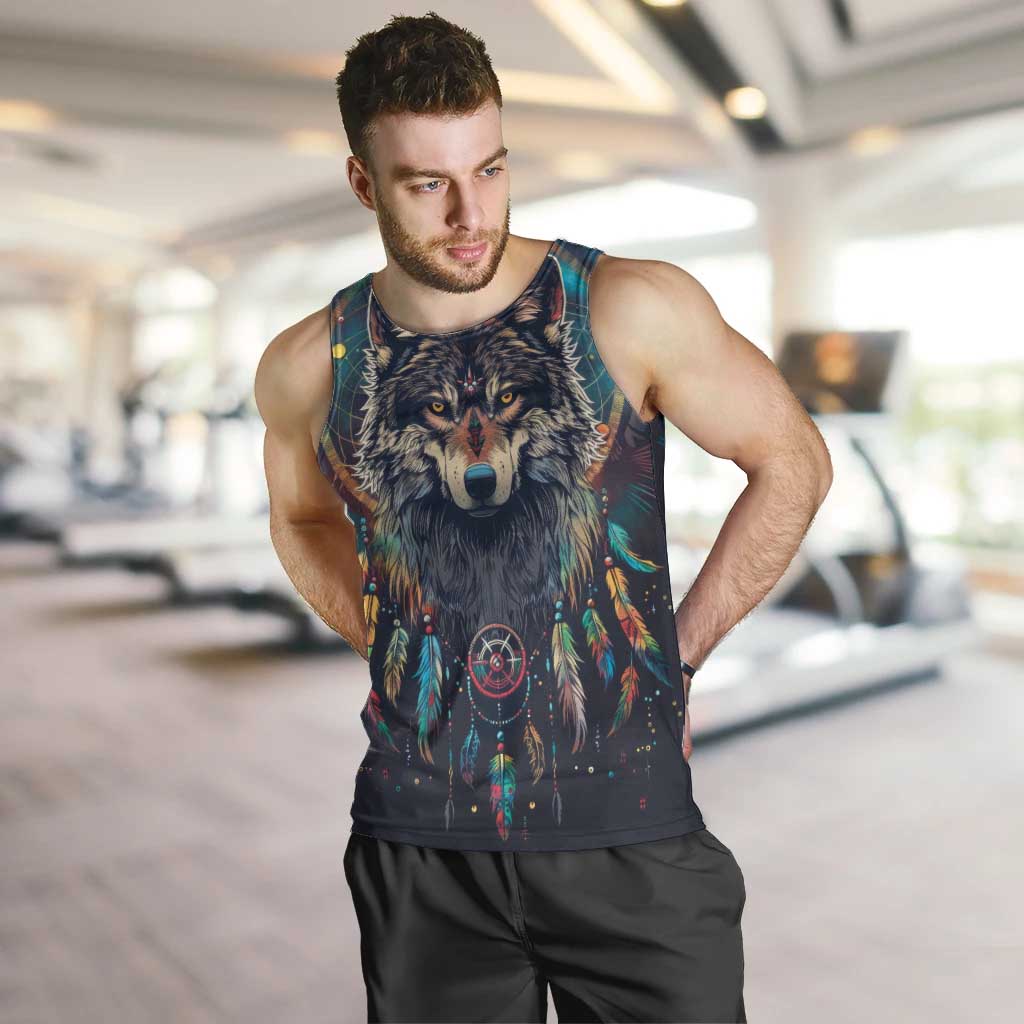 Native American Wolves Men Tank Top with Dream Catchers Feathers