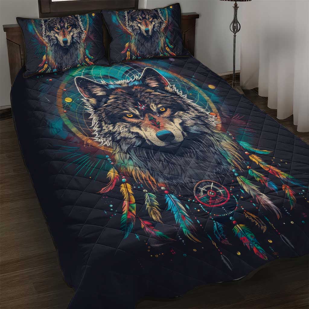 Native American Wolves Quilt Bed Set with Dream Catchers Feathers