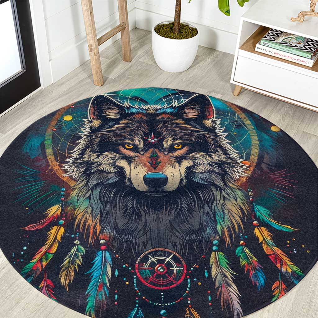 Native American Wolves Round Carpet with Dream Catchers Feathers