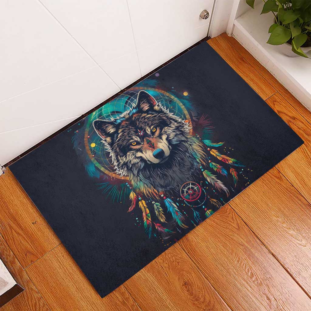 Native American Wolves Rubber Doormat with Dream Catchers Feathers