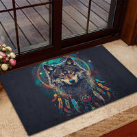 Native American Wolves Rubber Doormat with Dream Catchers Feathers