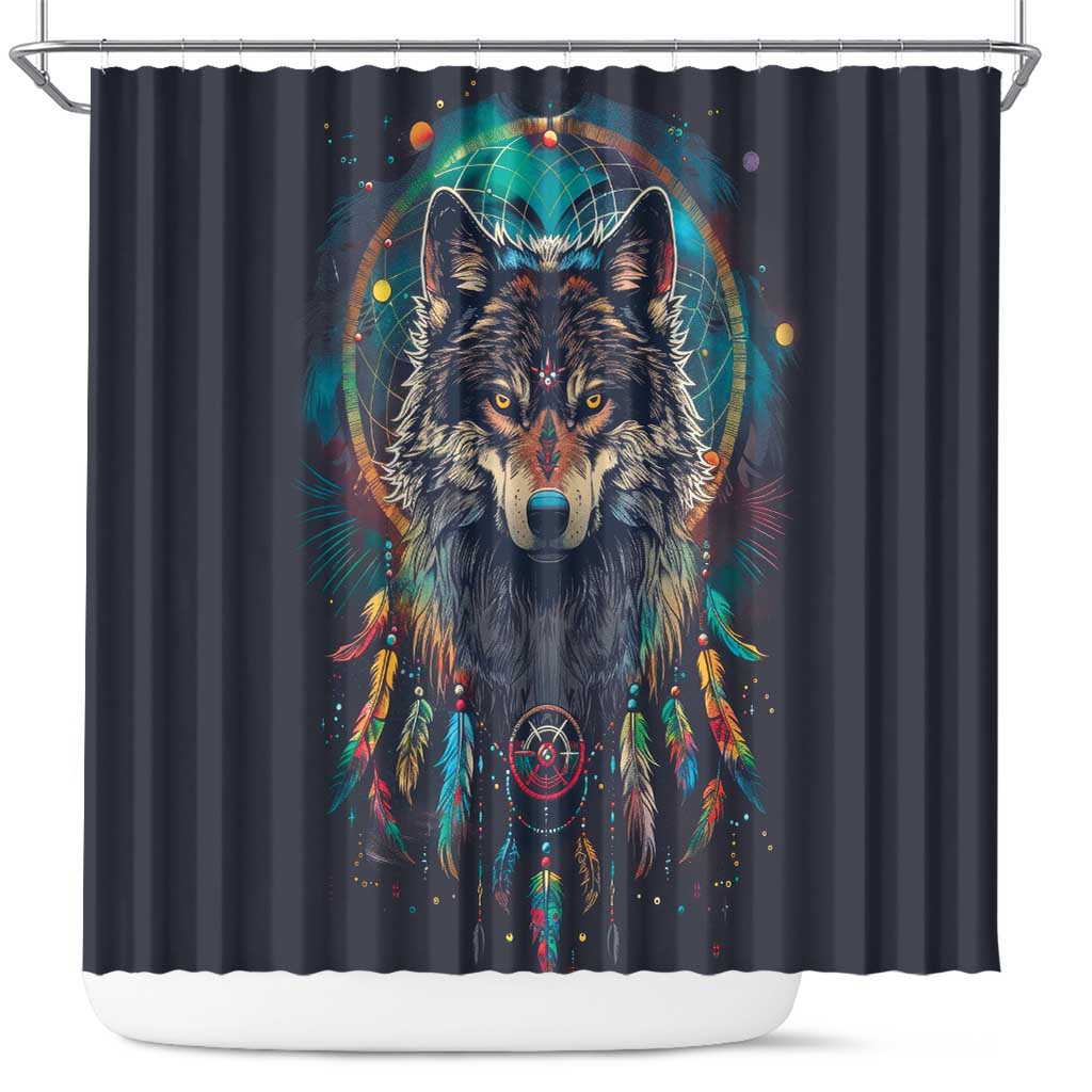 Native American Wolves Shower Curtain with Dream Catchers Feathers