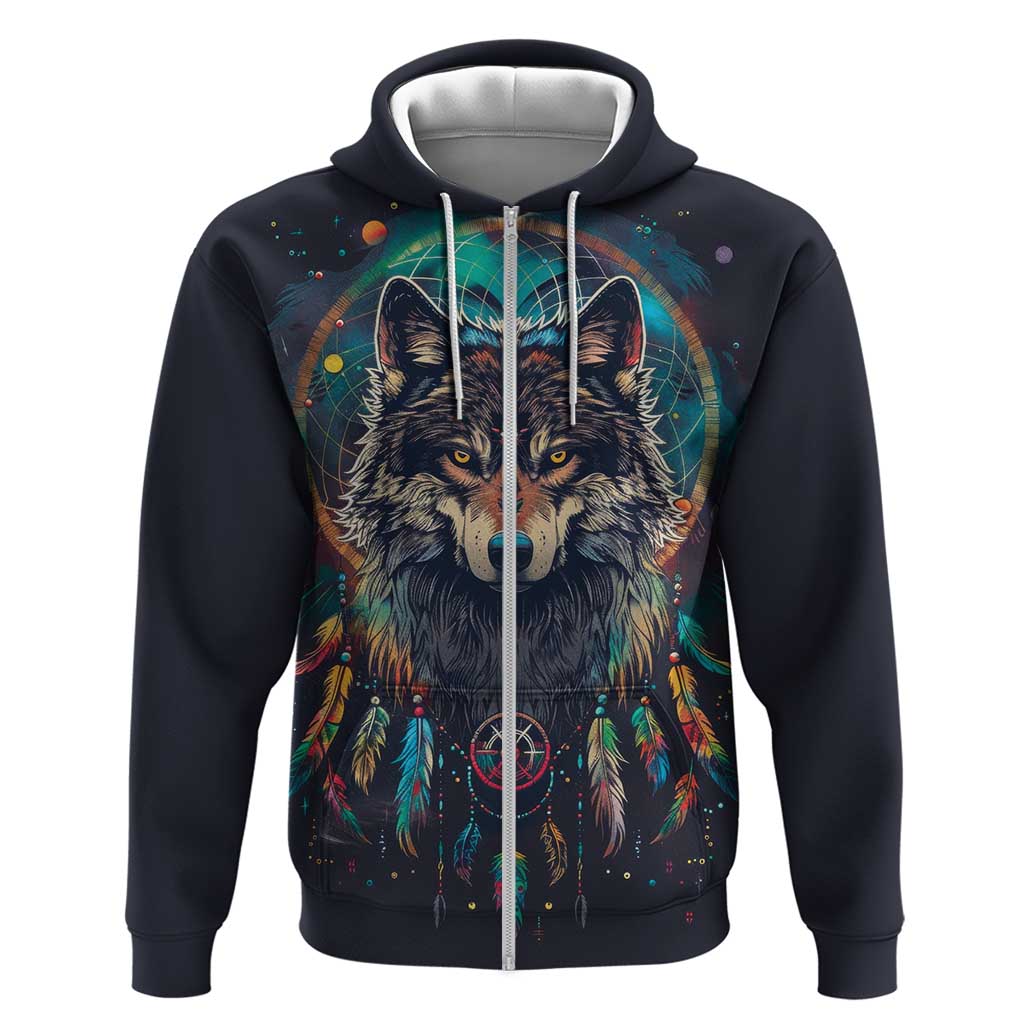 Native American Wolves Zip Hoodie with Dream Catchers Feathers