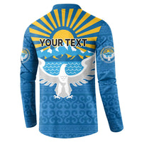 Blue button sweatshirt back graphic with eagle, sunrise rays, mountains, waves and YOUR TEXT