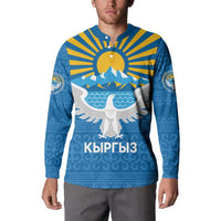 Blue button sweatshirt on model with eagle sunrise graphic, mountains, waves, Kyrgyz text